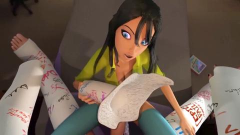 Une brune excitée fait une gorge profonde et se fait prendre par la grosse bite d'un homme dans un dessin animé en 3D !